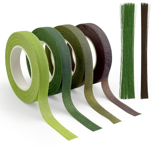 CTYUEYUN 4 Stück Floristenband 150Pcs Floristendraht Floristry Supplies, 27m/Rolle Bouquet Tape for Florist Bouquet Fixing and DIY Packaging Decoration(Grün, Kaffee)