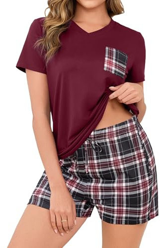 Crewhpo Pyjama Femme Été Col V T-Shirt Manches Courtes Short à Carreaux | Tissu Doux et Respirant, Haut à Manches Courtes Col V, Short à Carreaux avec Poches, Pour les Nuits Chaudes, à la Maison