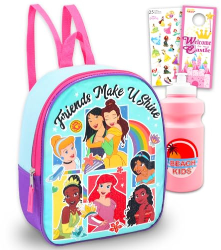 Disney Princess Mini Backpack Preschool Toddler Kindergarten - Bundle with 11 School Bag with Ariel, Belle, Cinderella, & More Plus Water Bottle, Stickers | Disney Princess School Supplies