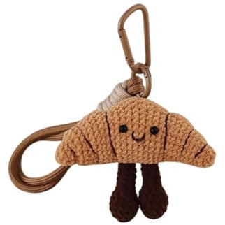 Yakiki Niedlicher Croissant Plüsch-Schlüsselanhänger, gehäkelter Handy-Anhänger mit Karabiner, brauner handgefertigter Haken, Weben, Puppe, Tasche, Anhänger, Tasche, hängende Dekoration, braun, M