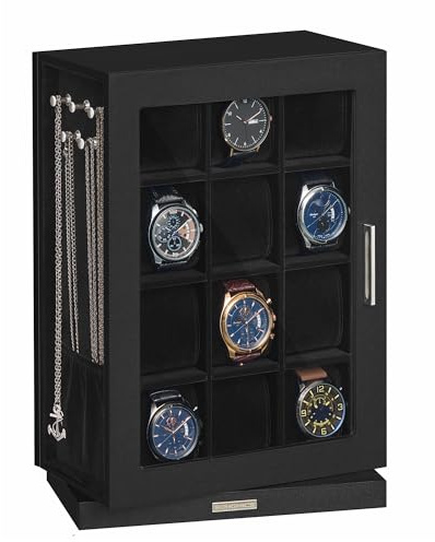 SONGMICS Uhrenbox mit 12 Fächer, 360° drehbar, mit Glasfenstern, vertikal | Uhrenkasten, 10 Halskettenhaken, abnehmbare Kissen, Samtfutter, tintenschwarz, BRIDIE Kollektion JWB028B01