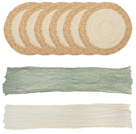 ACUSHLA 6er-Set Boho Tischsets + 2 Tischläufer | 100% Naturmaterial (Wasserschilf) | Stilvoll & Praktisch für Feiern/Alltag | Makramee-Dekor und Bauernhaus-Stil, Platzsets, für Esstisch, Küche (30CM)