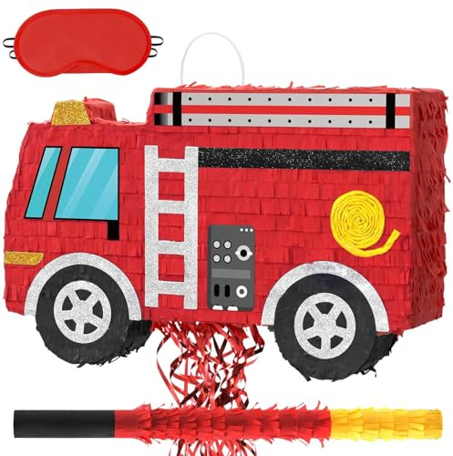 WERNNSAI Feuerwehrauto Pinata – Feuerwehrauto Geburtstag Dekorationen Rot Auto Pinata Bundle mit Augenbinde Stick Feuerwehrmann Feuerwehrmann Truck Geburtstag Party Dekorationen für Karriere Tag