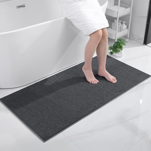 OLANLY Chenille Badematte rutschfest Badezimmerteppich Groß, 70x150 cm | Waschbar Weich Badteppich Badvorleger Saugfähige Duschvorleger Badezimmer Deko, Dunkelgrau
