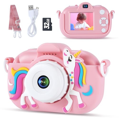 Kids Camera Toys for 3-8 Year Old Girls and Boys, Children Digital Camera with Cute Soft Silicone Case, 1080P Video Camcorder Present with 32GB SD Card – Birthday Gift for Kids