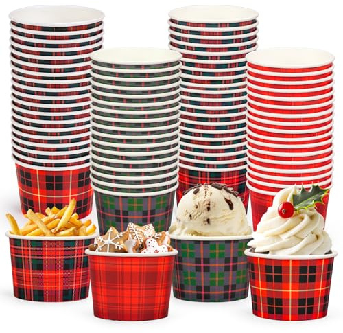 Whaline Christmas Snack Cup Xmas Red Green Buffalo Plaid Disposable Paper Cups 9 Oz Dessert Ice Cream Paper Bowls for Holiday Treat Candy Cake Party Favor Supplies, 48 Pcs