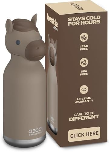 asobu Bestie Bottle Insulated Stainless Steel Water Bottle with Detachable Soft Animal Head Fun Drinking For Kids and Teens with Flexible Reusable Straw 16 Ounce (Horse)