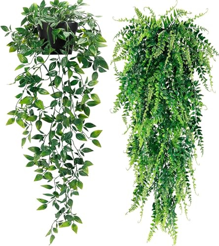 Toprooms 2pcs Fake Hanging Plants, Artificial Potted Plants for Indoor Outdoor Aesthetic Office Living Room Shelf Decor (2 Pack-Black Pot)