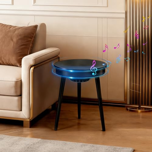 FATIVO Smart Nightstand USB Bluetooth Speaker with Wireless Charging HiFi Surround Sound Subwoofer, Portable Wireless Speaker Round End Table for Home, Outdoor Party, Wild Camping & RV Travel, Black