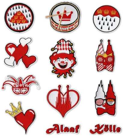 12 Stück Köln Bügelbilder Karneval,Köln Kostüm Damen Bügelbild Accessoires | Rot Weiß Patches Aufnäher Bügelflicken,Kölner Flicken zum Aufbügeln Bügelaufkleber,für Erwachsene Kinder Faschingskostüme