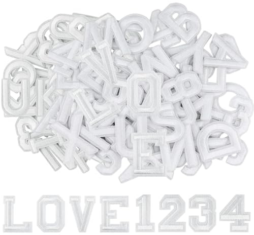 Eulihent 62 Pieces Iron on Letters and Numbers Patches Embroidered Sew on/Iron on Patches Alphabet A-Z, Numbers 0-9 Applique Fabric Letters for Clothes, Bags, Hat, Socks, Jeans, Shoes DIY (White)