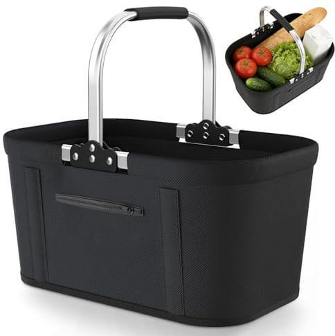 Einkaufskorb Faltbar 30L Groß Einkaufskorb Picknickkorb Tragekorb, Praktischer Klappkorb Einkaufstasche mit Aluminiumgestänge Tragegriffen, Familie Einkaufstasche für Camping Picknick Reisen Einkaufen