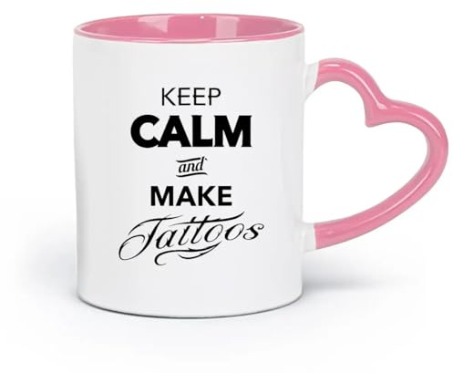 DEBINGY Taza de café elegante de cerámica con frase Keep Calm And Carry On Tattoo y logotipo de estudio de tatuajes (320 ml) para oficina y hogar, color rosa