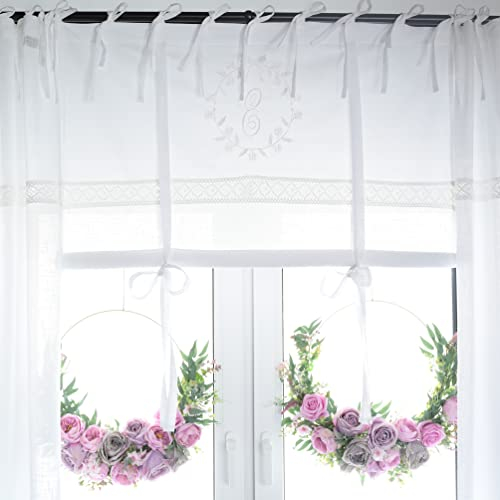Elvira weiß Bestickt Raffgardine 120x120cm Gardine Raffrollo Landhaus Shabby Chic Vintage Franske Leinenoptik