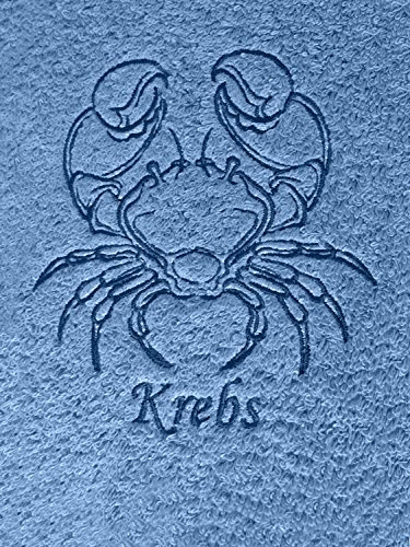 KringsFashion Duschtuch mit Sternzeichen 7 Krebs (Geburtstag 22.06. - 22.07.), hochwertig Bestickt, 70x140cm, Farbe: Fjord/Blau, Stickfarbe Tierkreiszeichen: Blau
