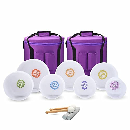 CVNC 440HZ Set of 7 PCS Chakra Design Frosted Quartz Crystal Singing Bowls 15cm-30cm(6 Inch - 12 Inch) with 2 PCS Travel Carry Case Bag
