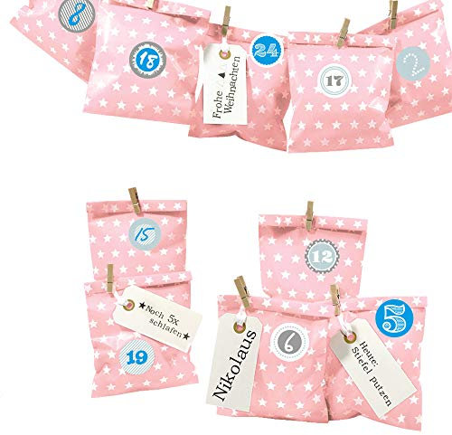 Frau WUNDERVoll® DIY Adventskalender zum Befüllen Bescherung: Set Stern 112, Papiertueten flach 13x16,5cm, rosa Stern, Ziffern blau