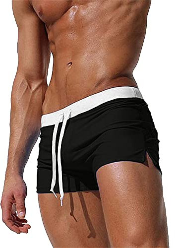 TMEOG Maillot de Bain Homme Short de Bain, Boxer de Bain Homme Caleçon de Bain Piscine Séchage Rapide Short de Plage Shorty Mayo de Bain avec Poche Zippée(Noir,XL)