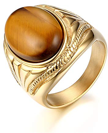 JewelryWe Herrenring Tigerauge Ring Herren: Vintage Gold Edelstahl Fingerring mit Braun Tigerauge Stein 22mm Breit Statement Siegelring Männer Klassisch Bandring Band Schmuck Geschenk Größe 54