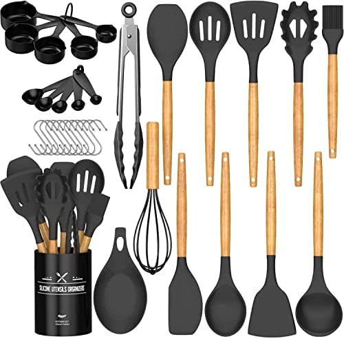 Umite Chef - Juego de 24 utensilios de cocina antiadherentes de silicona con soporte, mango de madera resistente al calor