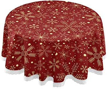 Mnsruu Weihnachtstischdecken, Weihnachtsschneeflocken auf dunkelrot, dekorative Tischdecke, Tischdecke für runde Tische, Esszimmer, dekorativ für Urlaub, Zuhause, Weihnachten, Party, Picknick