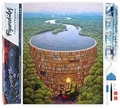 Figured'Art Diamond Painting Erwachsene 40x50cm Ganze Leinwand gerollt Fluss und Bibliothek 5D Bilder Eckige Steine - DIY Set Basteln