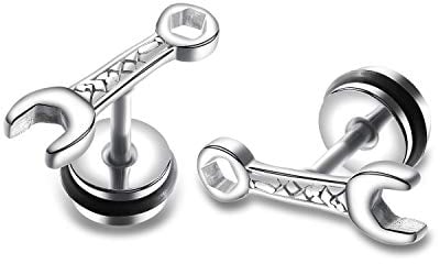Mens Biker Wrench Stud Earrings Pierced Stainless Steel Spanner Mechanic Tool Ear Plugs Earrings