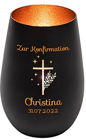 Windlicht mit Gravur zur Konfirmation | Schwarz/Bronze | Motiv Kreuz mit Sternen | Geschenk zur Konfirmation Junge Mädchen | Tischdeko und Konfirmationsgeschenk personalisiert | Teelichtglas