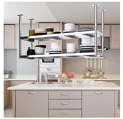 ZXFDM Deckenmontage-Regal Edelstahl-Weinregal 2-stöckiges Deckenregal Dekoratives Küchen-Hängeregal, multifunktionaler Retro-Industrie-Hängeschrank (Farbe : Silber, Größe : 90 x 35 x 80cm)