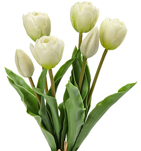 Oairse 4 Tulpen und 2 Tulpenknospen Kunstblumen Echtes Gefühl, künstliche Latex-Tulpen, Blumensträuße, Tischarrangements, Geschenk für Zuhause, Büro, Party, Hochzeit, Geburtstag, Garten, Weiß