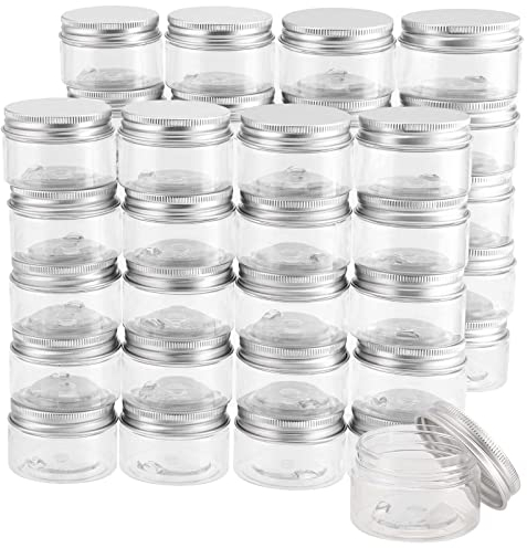 PINGEUI 30 Pack 30ml Small Clear Plastic Storage Jars with Aluminum Screw Lids, 1oz Portable Empty Storage Containers Jars, Small Round Travel Sample Jar Pots for Cream, Glitter, Art Crafts