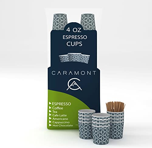 Caramont, 200 Espresso Pappbecher 4 Oz mit Holz Rührstäbchen,Umweltfreundlich Hitzebeständig,Ideal für alle heißen Getränke;Kaffee,Tee,Schokolade etc.