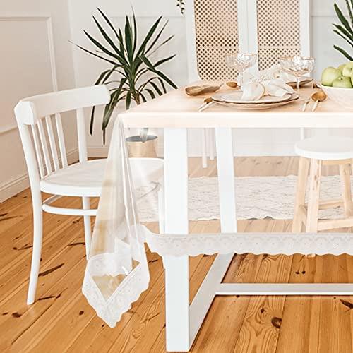 EUBSWA Tischdecke Transparente Wasserabweisend Tischfolie 150x190cm - Tischschutz Abwaschbar mit Weiße Spitze PVC Tischschutzfolie Tischabdeckung