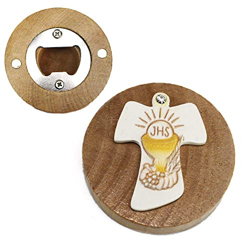 DLM 34018 (Kit 12 Pezzi) Apri Bottiglie Apribottiglie con Calamita Moderno Design Tondo in Legno e Croce Crocifisso e Calice Prima Comunione bomboniera
