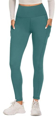 FOTOCITI Sport Leggings Damen mit Tasche High Waist Sportleggins Lang Blickdicht Sporthose Push Up Yogahose Bauchweg Laufhose Fitnesshose Hose(Dunkelgrün, L-XL)