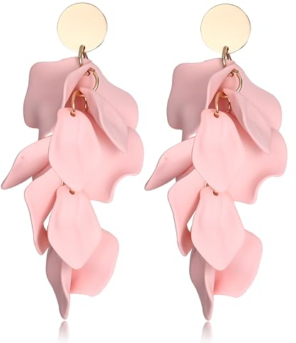 Diamday Acrylique Clip Boucles d'Oreilles pour Femmes Filles Longues Rose Pétales Boucles d'Oreilles Vintage Exagérée Fleur Élégant Déclaration Pendantes Coloré Boucles d'Oreilles Rose
