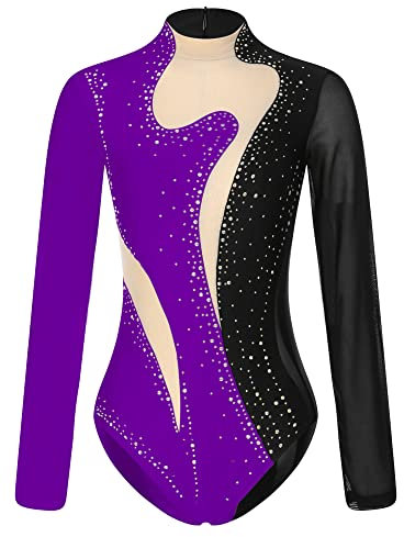 iEFiEL Damen Langarm Turnanzug mit Glitzer Strass Tanzbody Einteiler Tanzanzug Sportlich Leotard Ballett Trikotanzug Wettbewerb Tanzkostüm Schwarz + Violett XL