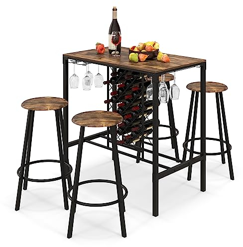 COSTWAY Table Haute Cuisine avec 4 Tabourets, Table Bar Cuisine avec Porte-Verre et Casier à Bouteilles sous Table, Mange-Debout Design Industriel pour Bistro, Salle à Manger, Cuisine