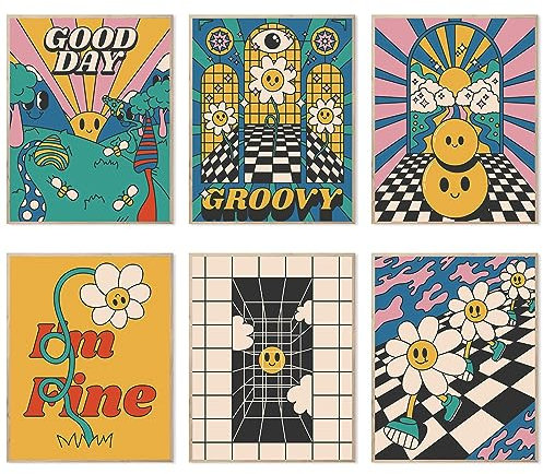 Bright Groovy Wandkunstdrucke, 70er-Jahre-Retro-Hippie-Raumdekor-Poster mit psychedelischen Landschaften im Bogen, fröhliche Blumen, Vintage-Drucke (27,9 x 35,6 cm, ungerahmt, Stil D)