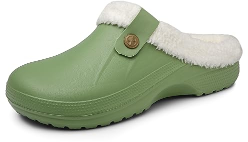 Meik Mangni Clogs Gefüttert Damen Herren Winter Gartenclogs mit Fell Warm Hausschuhe Frauen Geschlossen Pantoffeln rutschfeste Plüsch Pantoletten,Grün Gr.40-41 EU