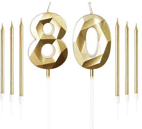 Yiran Gold 80th Birthday Candles Set, Number 80 Candle with Gold Long Candles, Birthday Candles for Cake, Birthday Candle, Cake Candles Cake Topper Decorations for Birthday Party Wedding Anniversary