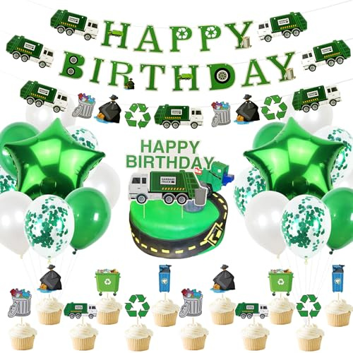 Obussgar Garbage Truck Geburtstag Party Dekorationen - Trash Truck Party Zubehör mit Bannern Cupcake Toppers für Geburtstag Party