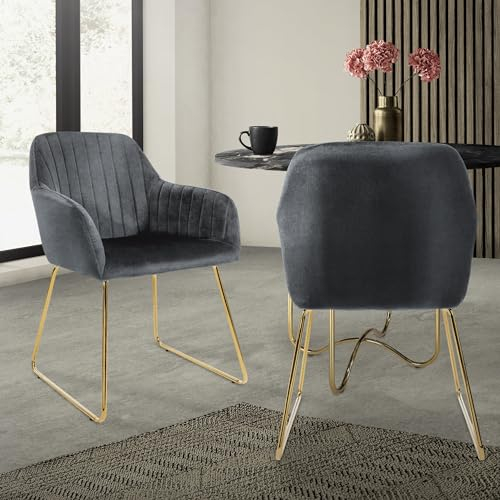 ML-Design Esszimmerstühle 2er Set, Sitzfläche aus Samt, Grau, Wohnzimmerstuhl mit Rücken- und Armlehnen, Küchenstuhl Gold Beine, Polsterstuhl mit Metallgestell, Ergonomische Sessel für Esstisch