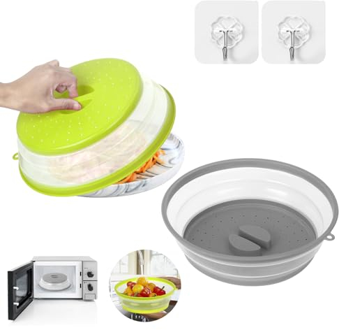 Sosayet 2 en 1 Tapa Microondas Plegable - 2 Piezas Coladores Plegable de Cocina con Ganchos - Tapa de Salpicaduras de Microondas para Colar, Escurrir Pasta, Enjuague Frutas y Verduras (Verde + Gris)
