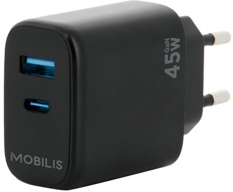 MOBILIS Chargeur Secteur 45W GaN 1 Port USB-A & 1 Port USB-C, Adaptateur Charge Mural Rapide pour PC, Tablette & Smartphone
