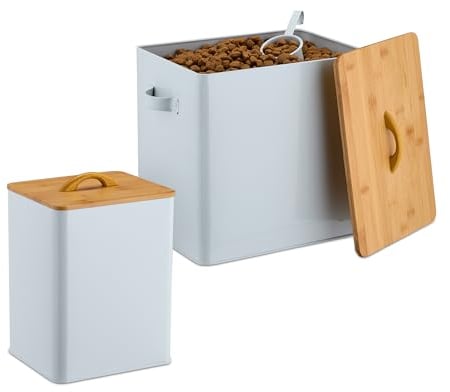 Relaxdays Futterbox, 2er Set, 2 Größen, mit Deckel & Löffel, Bambus, Eisen, Aufbewahrungsbox Trockenfutter, weiß/natur