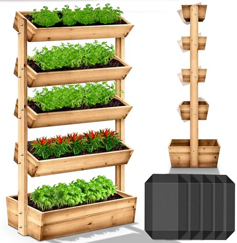 tillvex® - Fioriera verticale in legno a 5 ripiani, fioriera di qualità superiore con telo in fibra di tessuto, per terrazze, balconi e giardini, aiuola verticale per fiori ed erbe aromatiche