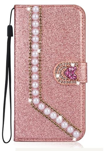 BLOTECH Bling Wallet Hülle für Honor 90 Glitter Rose Gold PU Leder mit Sparkle Diamond Pearl Luxus Shiny Crystal Rhinestone TPU Bumper Protective Case Cover für Honor 90