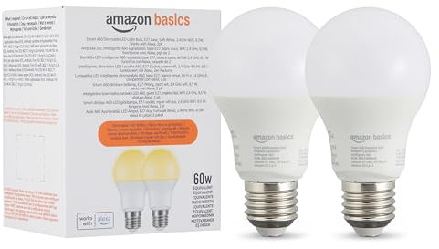 Amazon Basics Intelligente A60 LED-Leuchtmittel, dimmbar, E27-Sockel, sanftes Weiß, 2,4 GHz WLAN, 8.5 W, funktioniert nur mit Alexa, 2 Stück