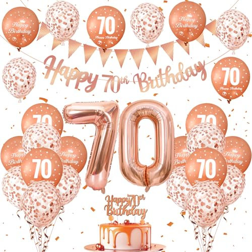 Decoration Anniversaire 70 Ans, Ballons Anniversaire avec Ballon Rose Gold, Ballon Paillette et Ballon 70 Ans, Banderole Joyeux Anniversaire, Topper Happy Birthday, pour Deco Anniversaire 70 Ans Femme
